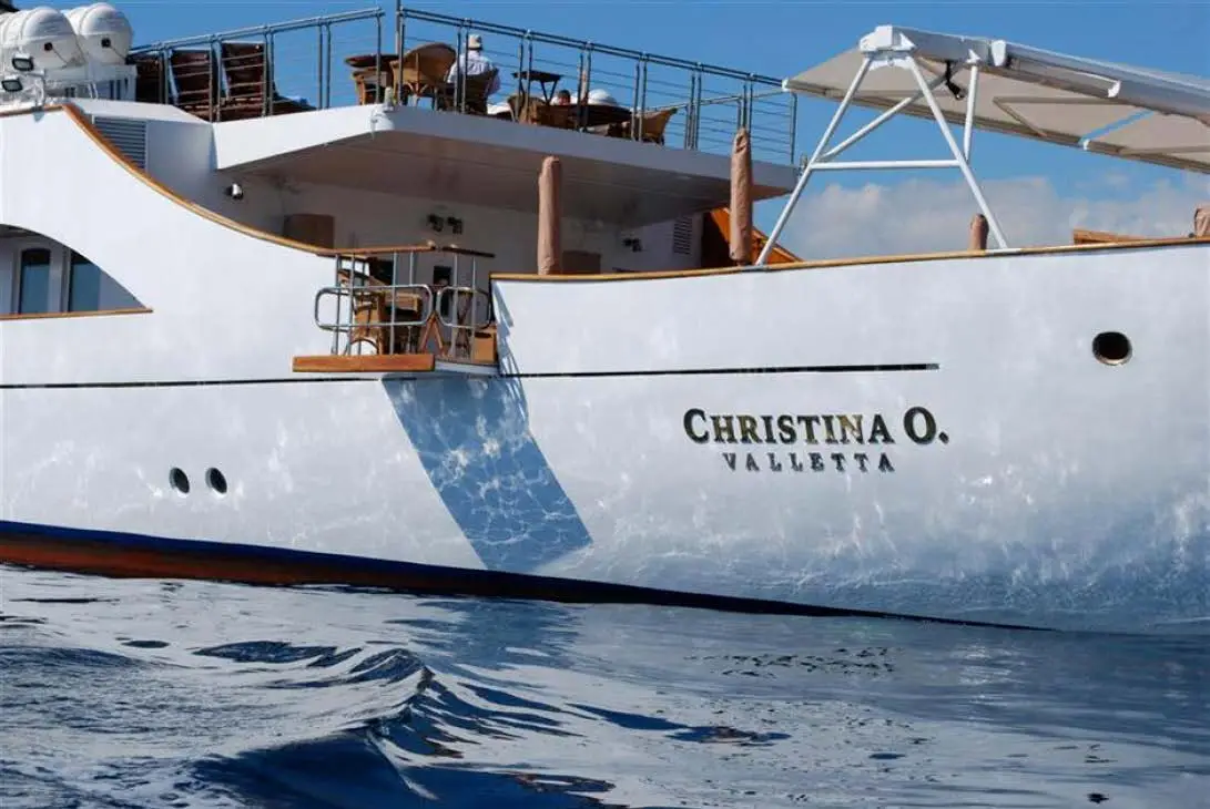 Gold lettering reading CHRISTINA O., Valletta, on the white hull