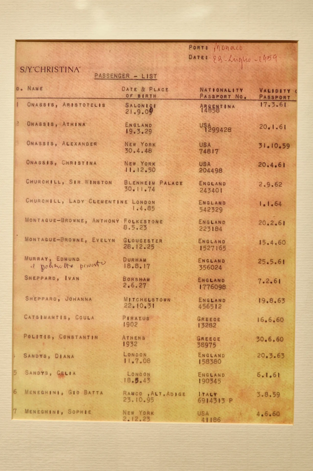 Framed typed passenger list of S/Y Christina, headed Port Monaco, 1959, with a column of guest names