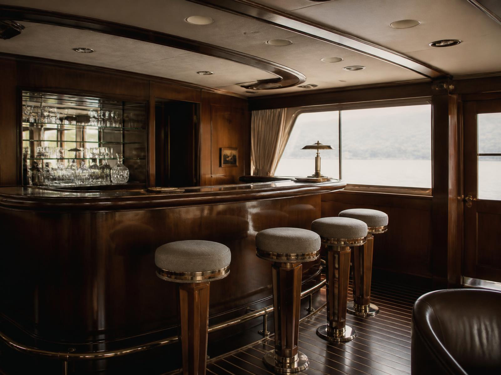 Polished timber bar aboard CHRISTINA O
