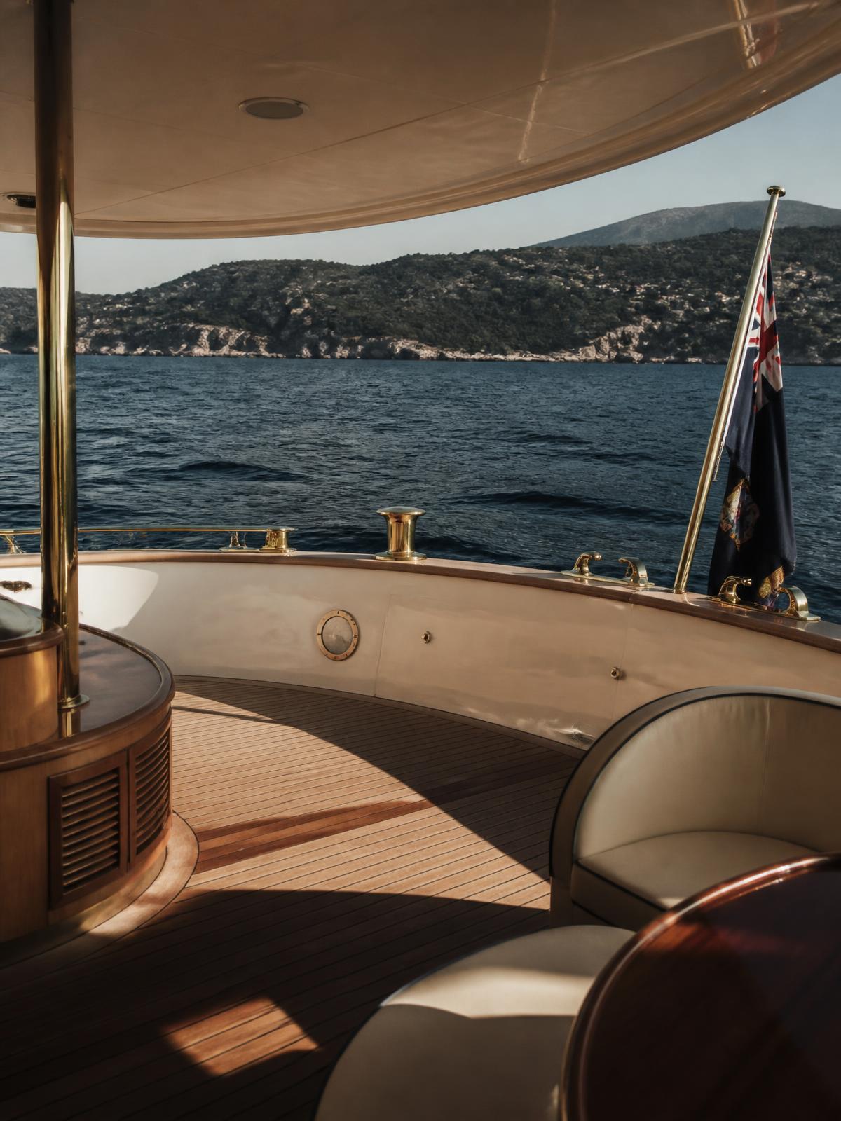 Teak aft deck and brass fittings aboard CHRISTINA O
